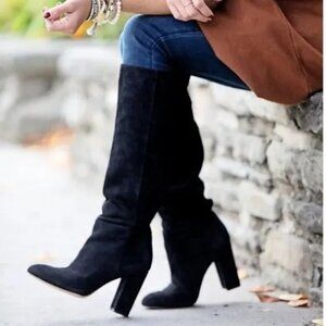 Sam Edelman Caprice Black Suede Knee-High Block Heel Round Toe Dress Boots